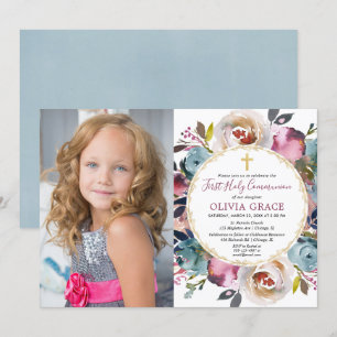 Convites Marinho azul burgundy Primeira foto da Santa Comun