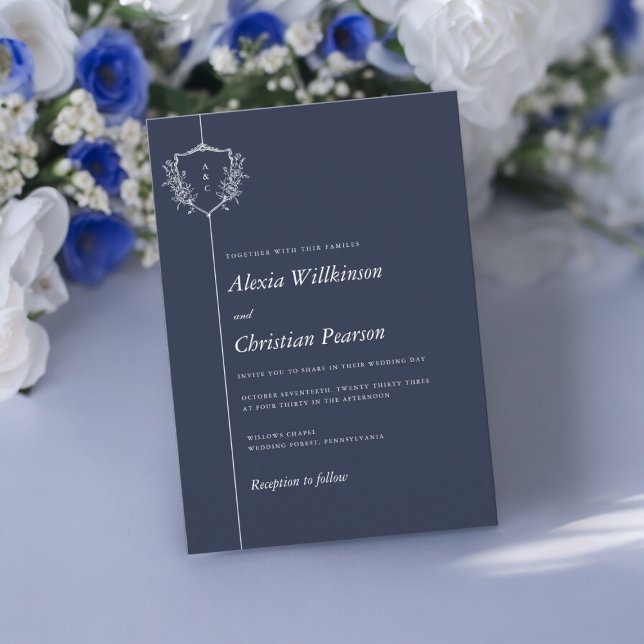 Convites Marinho Azul, casamento branco casual (casual wedding wording wedding invitation in navy blue with a elegant crest )