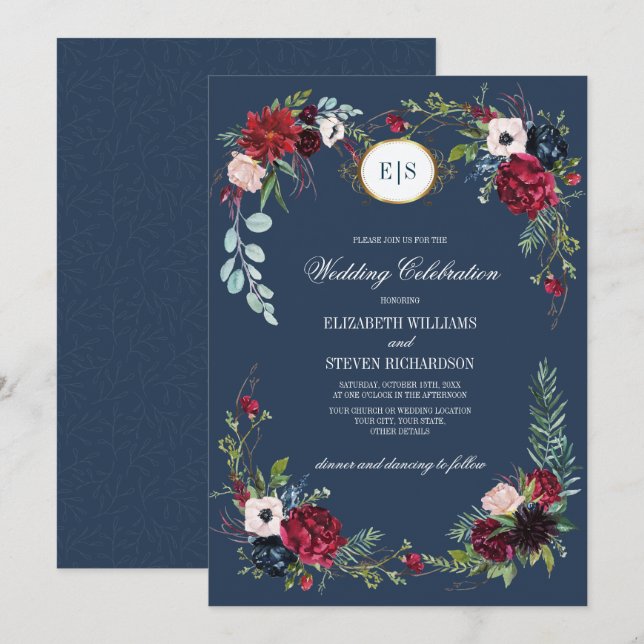 Convites Marinho azul | Casamento Burgundy Bloom Watercolor (Frente/Verso)