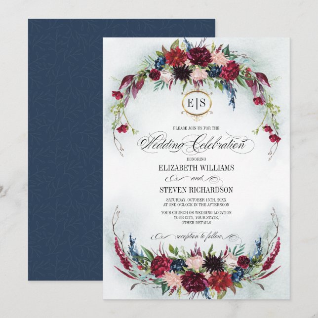 Convites Marinho azul | Casamento Burgundy Bloom Watercolor (Frente/Verso)