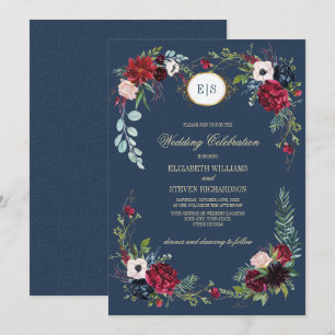 Convites Marinho azul Casamento de Borgonha Floral