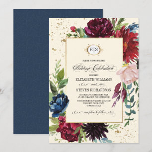 Convites Marinho azul Casamento de Borgonha Floral