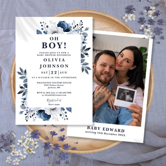 Convites Marinho Azul Chá de fraldas de Fotografia Floral A (Oh Boy Navy Blue Floral Photo Baby Shower Invitation)