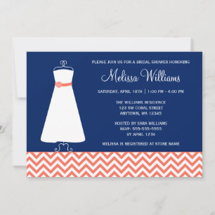 Convites Marinho Azul Chá de panela Coral Moderno Chevron