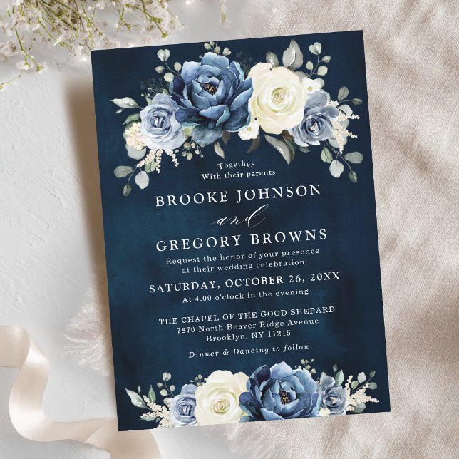 Convites Marinho Azul Champanhe Ivory Floral Casamento Em (Dusty Blue Navy Champagne Ivory Floral Wedding In Invitation)