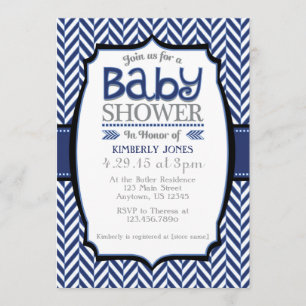 Convites Marinho Azul Cinza Herringbone Baby Shower Invasõe