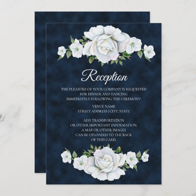 Convites Marinho Azul com Recepção de casamento Floral Bran (Frente/Verso)