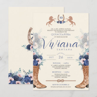 Convites Marinho Azul Cor-de-rosa Floral Oeste Charro Quinc