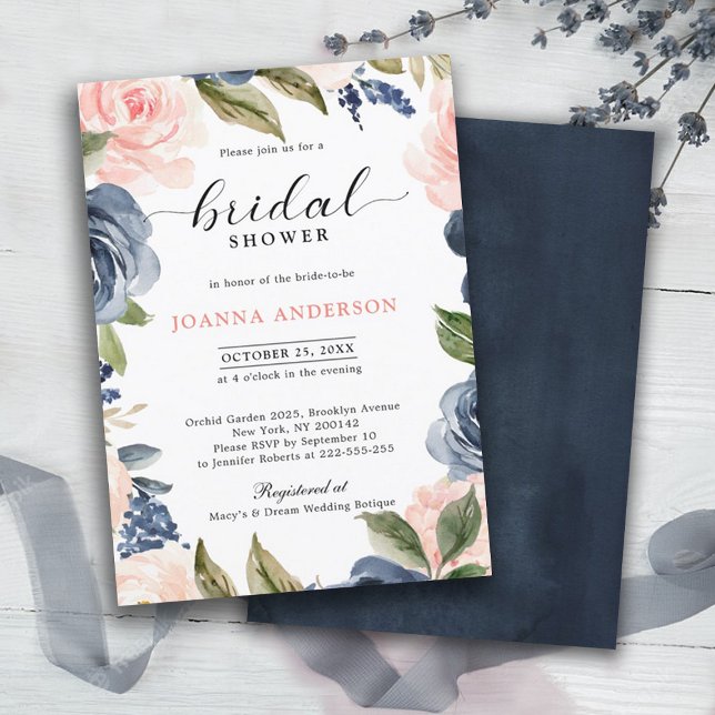 Convites Marinho Azul Cor-de-rosa-rosa-rosa Chá de panela B (Navy blue blush pink bridal shower invitation)