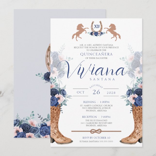 Convites Marinho Azul Cor-De-Rosa Western Boots Charra Quin (Frente/Verso)