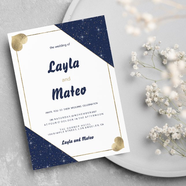 Convites Marinho azul- coração brilho brilho (Navy blue gold heart sparkle glitter Wedding)