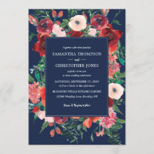 Marinho Azul Coral Floral Watercolor Casamento Mod