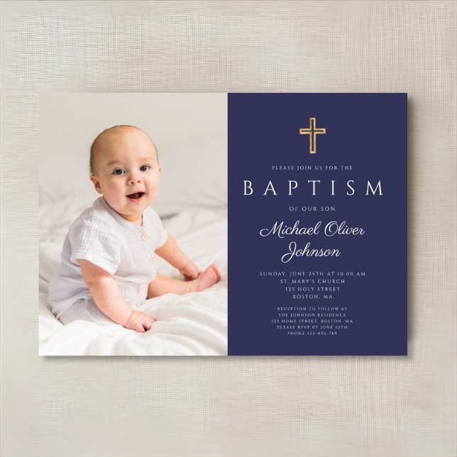 Convites Marinho Azul Cruz Religiosa Foto Batismo (Navy Blue Religious Cross Boy Photo Baptism Invitation)