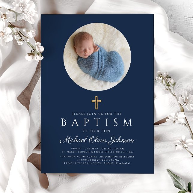 Convites Marinho Azul Cruz Religiosa Foto Batismo (Navy Blue Religious Cross Boy Photo Baptism Invitation)