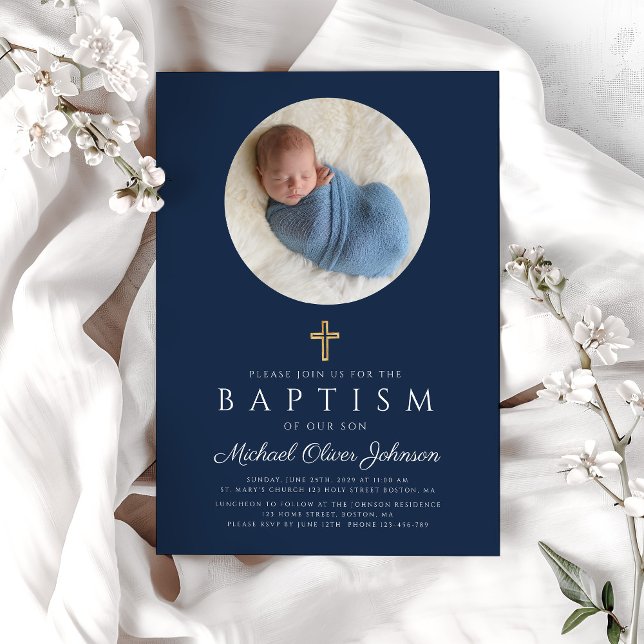 Convites Marinho Azul Cruz Religiosa Foto Batismo (Navy Blue Religious Cross Boy Photo Baptism Invitation)