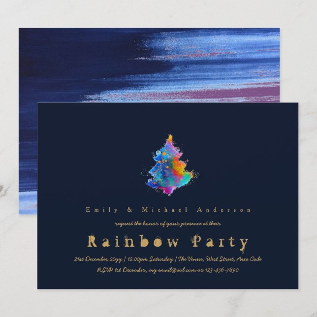 Convites Marinho Azul da Árvore de Natal do Arco-Íris Moder (Frente/Verso)