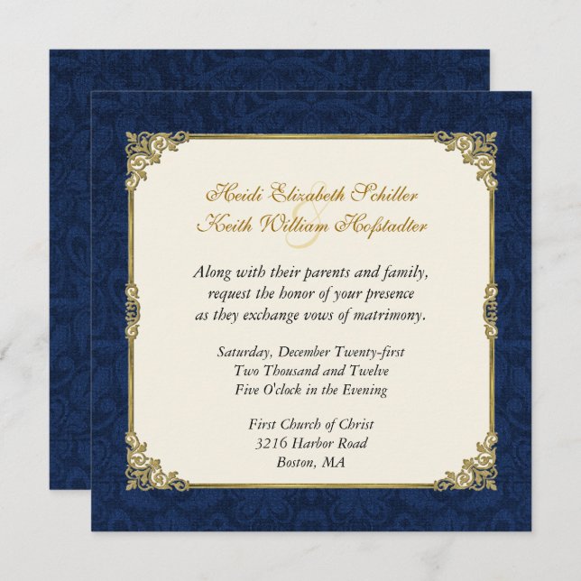 Convites Marinho Azul Damask & Vintage Dourado Casamento Co (Frente/Verso)