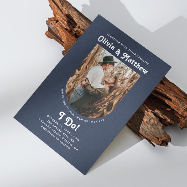 Convites Marinho azul de arca foto simples retro noivado (Criador carregado)