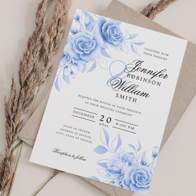 Convites Marinho Azul de Casamento de Script Elegante com R (Elegant Script Wedding Navy Blue Floral w/ QR RSVP Invitation)