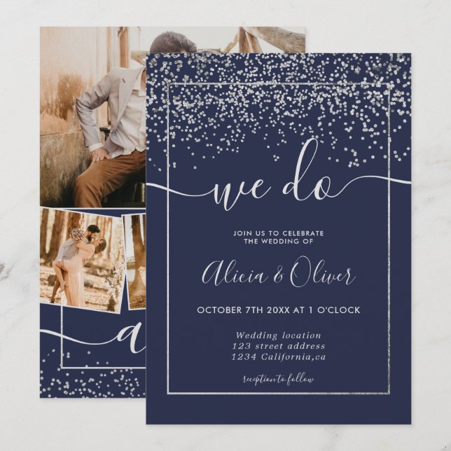 Convites Marinho azul de folha de prata rubricado (Frente/Verso)