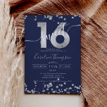 Convites Marinho azul-de-folha prateada-chic, cor azul-doce<br><div class="desc">Um convite de aniversário moderno,  chic e elegante de prata-chic doce 16 com uma moderna tipografia 16 com brilho de folha prateada num marinho azul editável. Adicione sua foto atrás ou deixe um fundo rosa. Perfeito para o tema da princesa Doce 16!</div>