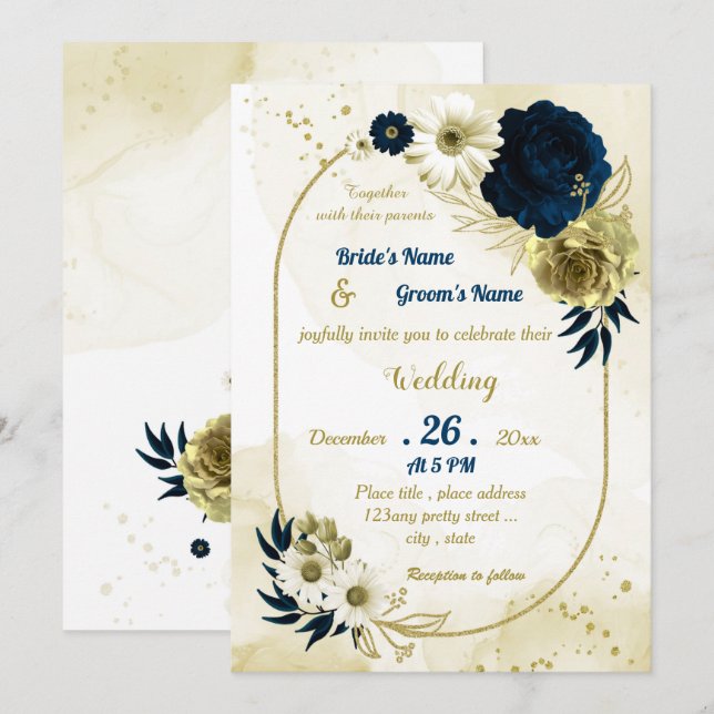 Convites Marinho azul de marfim de ouro florístico casament (Frente/Verso)