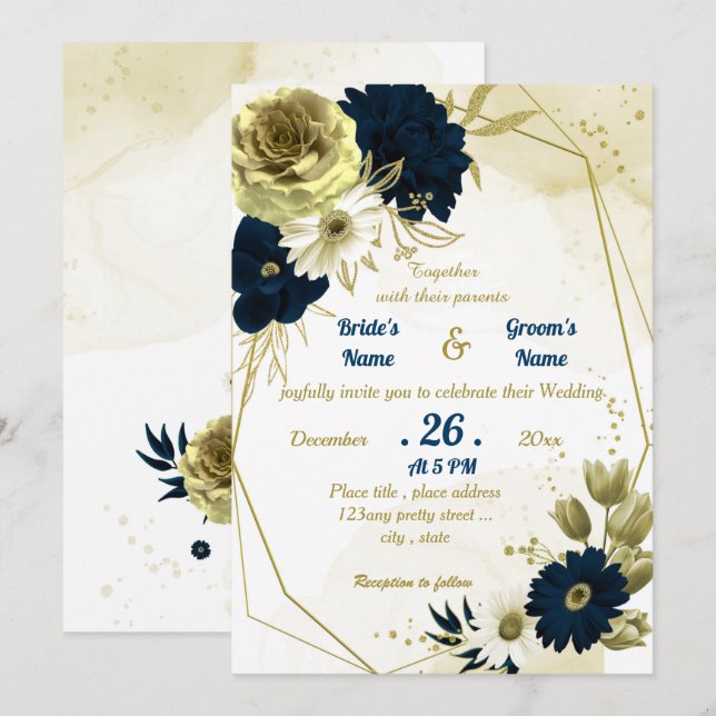 Convites Marinho azul de marfim de ouro florístico casament (Frente/Verso)