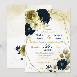 Convites Marinho azul de marfim de ouro florístico casament