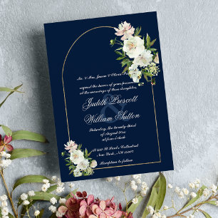 Convites Marinho azul de minhoca branca, péony floral casam