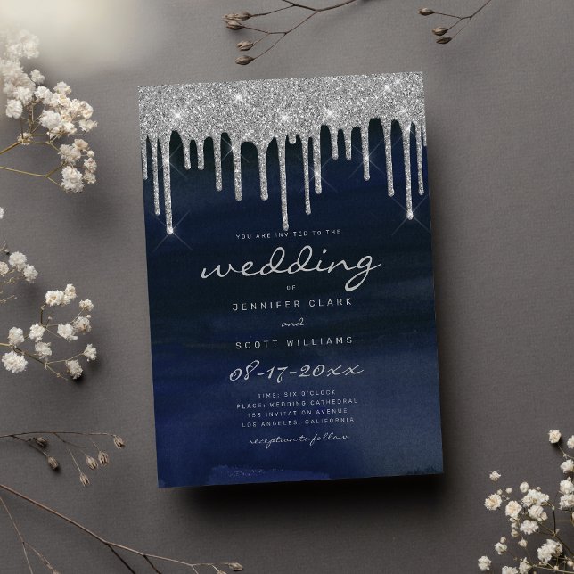 Convites Marinho azul de prata brilha script casamento (Navy blue silver glitter drips script wedding)