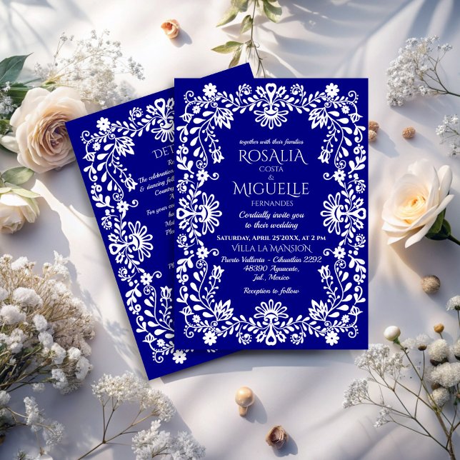 Convites Marinho azul de Talavera casamento mexicano (Talavera navy blue Mexican wedding Invitation cards with RSVP vintage folk art wedding cards)