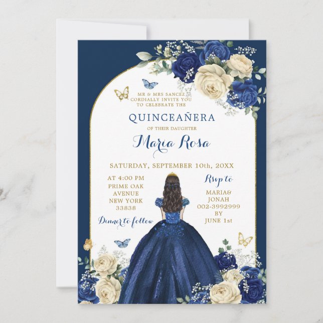Convites Marinho Azul Dourada Princesa Floral Quinceañera (Frente)