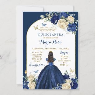 Convites Marinho Azul Dourada Princesa Floral Quinceañera