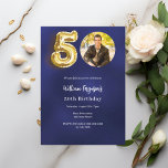 Convites Marinho azul dourado 50º aniversário<br><div class="desc">Um convite fotográfico moderno e minimalista para a 50ª festa de aniversário. Um fundo azul marinho incolor. Personalize e adicione uma foto e detalhes da festa.</div>
