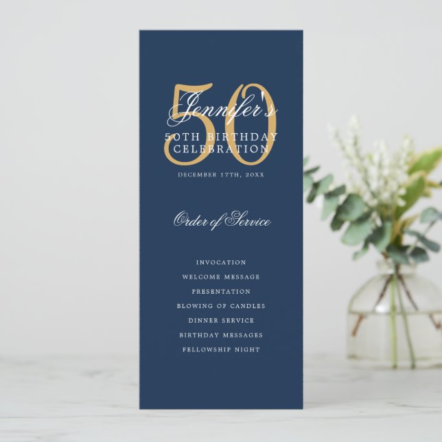 Convites Marinho Azul Dourado 50º Programa de Aniversário c (Em pé/Frente)