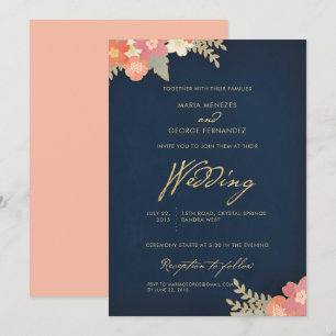 Convites Marinho Azul Dourado Blush Cor-de-rosa Pêssego Cas