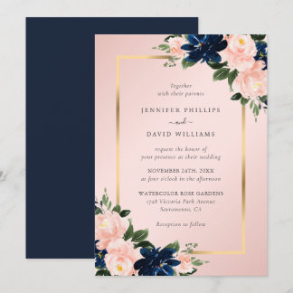 Convites Marinho Azul Dourado Casamento Floral Cor-de-Rosa