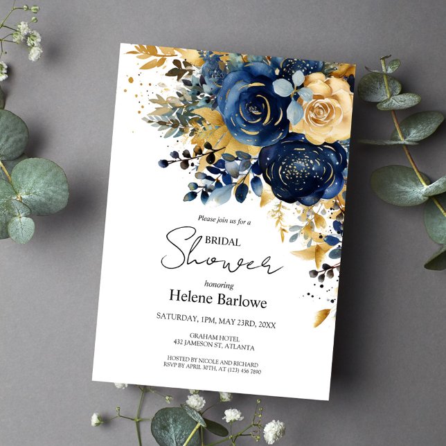 Convites Marinho Azul Dourado Chá de panela Floral Moderno (Navy Blue Gold Modern Floral Bridal Shower Invitation)