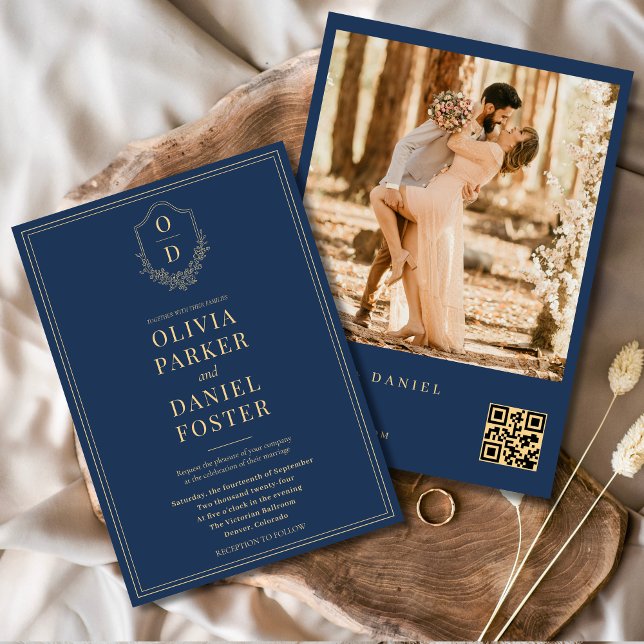 Convites Marinho Azul Dourado Código QR - Casamento Fotográ (Criador carregado)