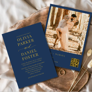 Convites Marinho Azul Dourado Código QR Foto Elegante Casam
