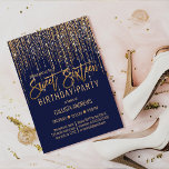 Convites Marinho Azul Dourado Cortina da Margem da Brilhant<br><div class="desc">Este convite de aniversário glamouroso e luxuoso dos Dezesseis é o design perfeito para o evento especial de sua jovem adolescente. Ele apresenta uma cortina de borda brilhante de ouro falso e brilhante com tipografia falsa de brilho sobre um simples fundo azul marinho. É um elegante, chic, trendy, e moderno...</div>