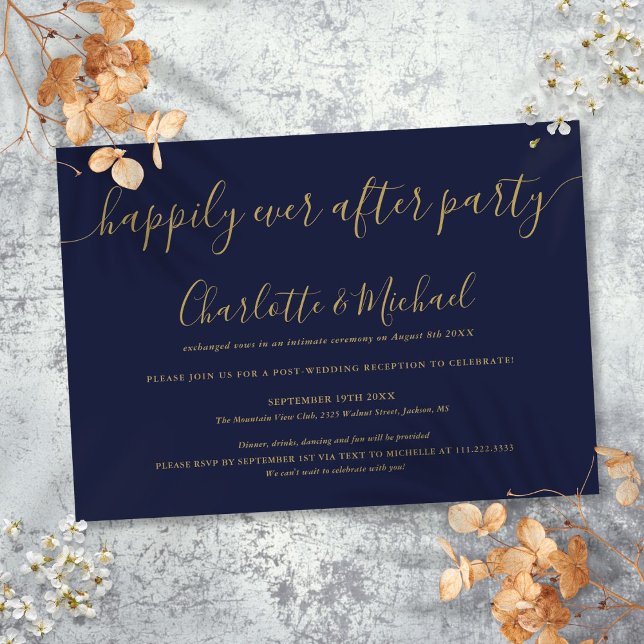 Convites Marinho Azul Dourado Felizmente Depois Do Casament (Navy Blue Gold Happily Ever After Party Wedding Invitation)