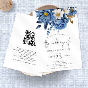 Convites Marinho Azul Dourado Florais Código QR Casamento