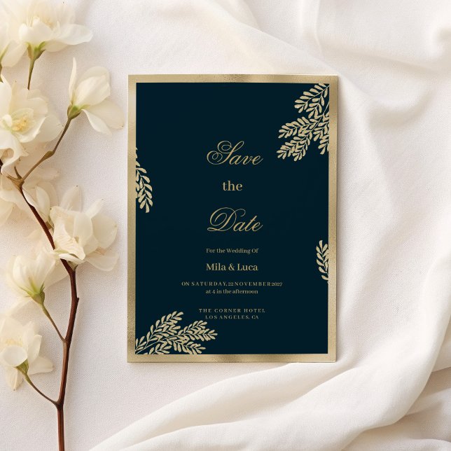 Convites Marinho azul-dourado folheto foliar Folha Guardar  (Navy blue gold glitter leaf floral Save the Date)