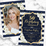 Convites Marinho Azul, Dourado Foto 50º Aniversário<br><div class="desc">Elegante convite floral feminino de 50 anos com sua foto no final do cartão. Design branco de marinho vírgula com ouro brilhante falso. Apresenta faixas marinho azul e branca, rosas brancas, fonte de script e confetti. Perfeito para uma festa de comemoração de na moda adulto. Personalize com seus próprios detalhes....</div>