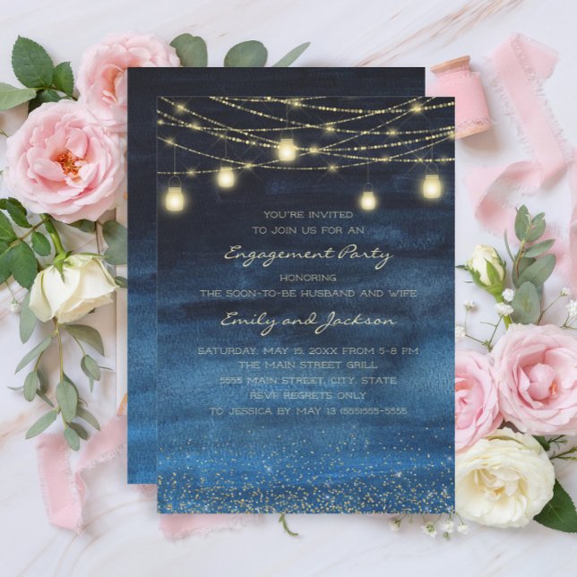 Convites Marinho Azul Dourado Linhas Luzes Festa de noivado (Navy blue and gold string lights engagement party invitation)