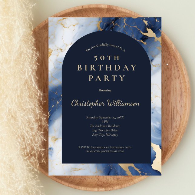 Convites Marinho Azul Dourado Marble Modern Arch 50º Aniver (Navy Blue Gold marble 50th birthday Invitation for him.  )