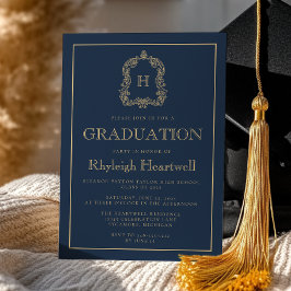 Convites Marinho Azul Dourado Monograma Festa de formatura