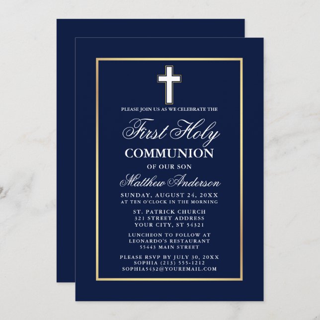 Convites Marinho Azul Dourado Primeira Comunhão Santa (Frente/Verso)