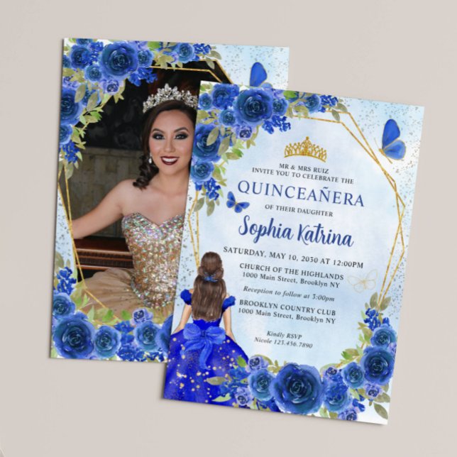 Convites Marinho Azul Dourado Princesa Floral Quinceañera F (Criador carregado)